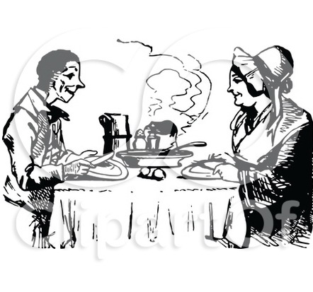 1146692-Clipart-Of-A-Retro-Vintage-Black-And-White-Happy-Couple-Eating-A-Meal-Royalty-Free-Vector-Illustration